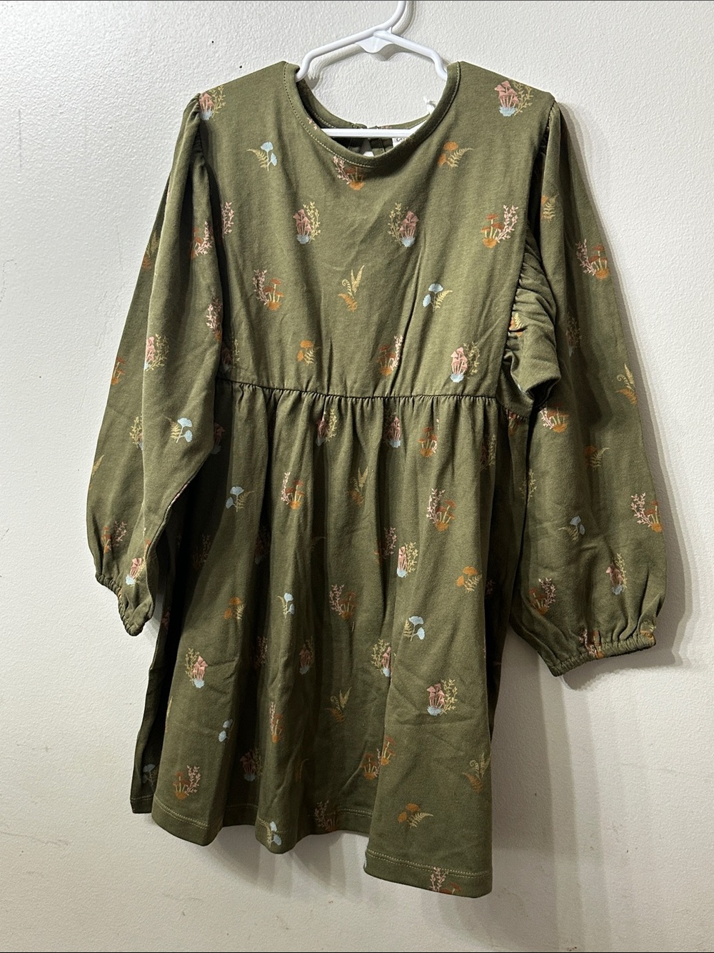 City Mouse Girls Woodland Mushroom Long Sleeve Dress Olive Green 8Y NWT